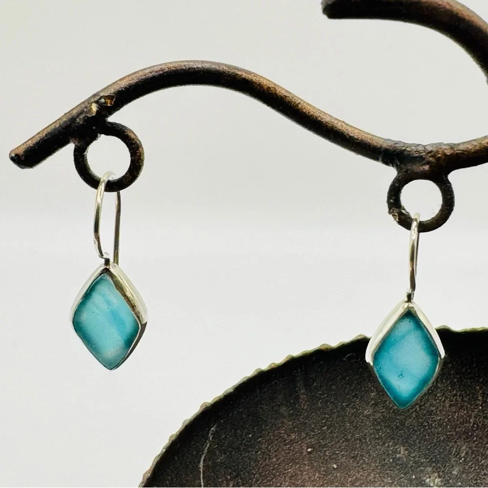 Handmade Turquoise Color Marquise Drop Earrings Sterling Silver Hooks Artisan